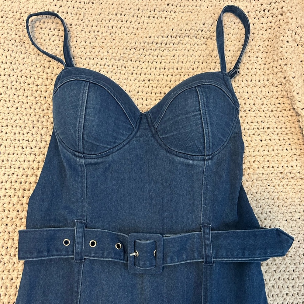Haute Monde Blue Denim Bustier Jumpsuit with Belt